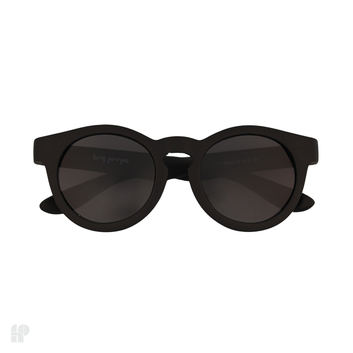 Peekaboos Matte Black baby sunglasses, front view on white