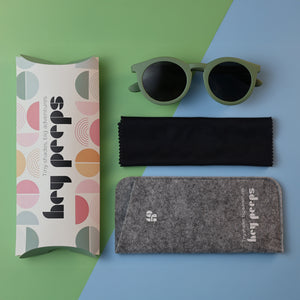 Retro Classics Sage Green kids sunglasses with box, pouch and cleaning cloth
