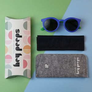 Retro Classics Blue & Green kids sunglasses with box, pouch and cleaning cloth